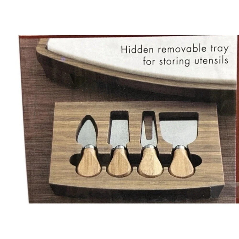 B. SMITH Bamboo & Marble Cheese Board Set w/ Utensils Hidden Storage Tray